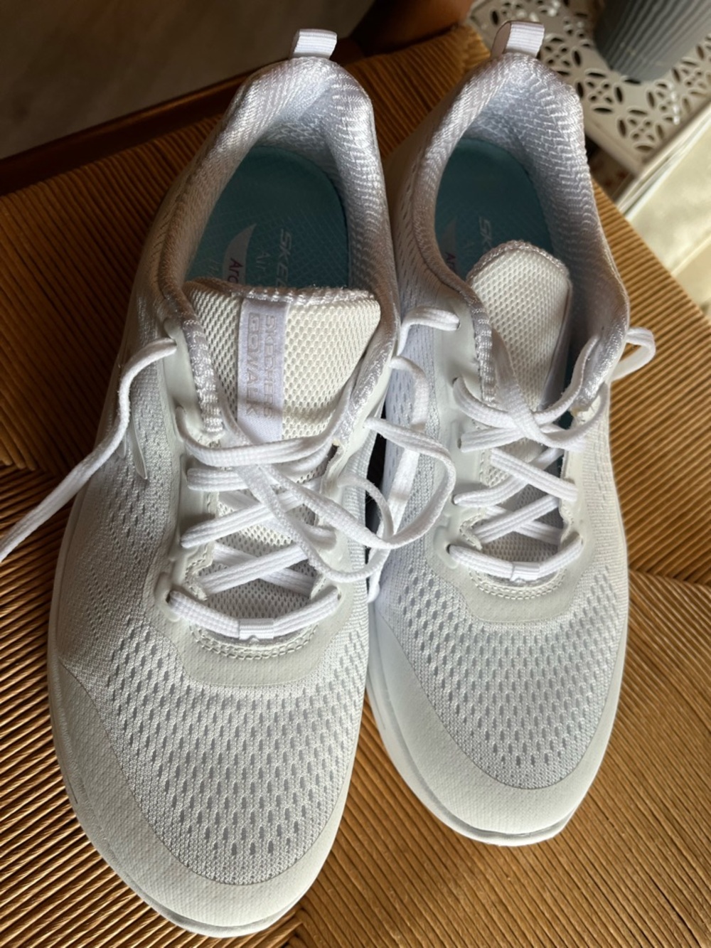 Skechers Women's White Mesh Athletic Sneakers with Light Blue Insole